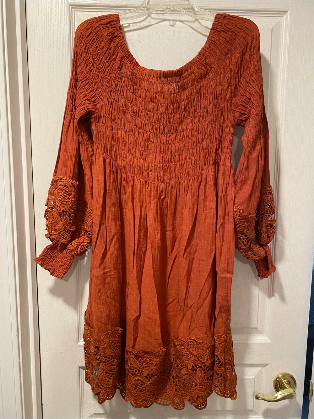 Oddi L Burnt Orange Smocked Crochet Long Sleeve Dress